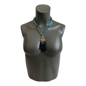 Bohemian Turquoise Blue Gold Beaded Tassel Long Necklace 37"